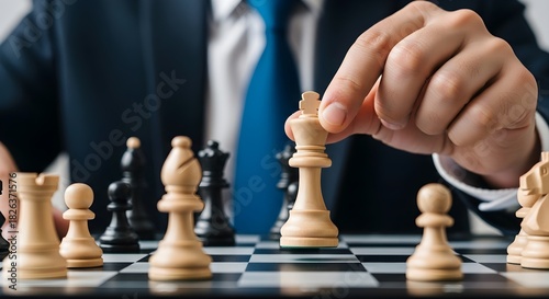 Wallpaper Mural A businessman in a suit moves a white king piece on a chessboard during a strategic game. Torontodigital.ca
