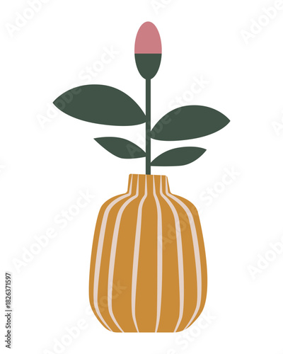 Modern Plant in Vase Isolated Vector Illustration. Minimalist vector illustration of a stylized plant with leaves and a budding flower in a striped vase.
