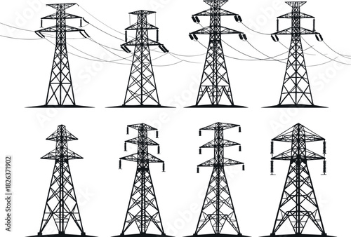 Transmission tower silhouettes, electrical pylons, power grid structures, voltage infrastructure, rural energy system, flavector