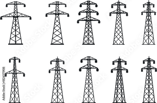 Transmission tower silhouettes, electricity pylons, power grid structures, voltage infrastructure, engineering design diversity, flavector