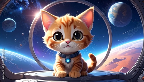 Fototapeta Naklejka Na Ścianę i Meble -  Adorable orange tabby kitten in space station window, gazing at Earth and other planets