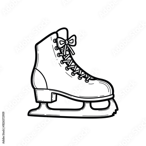 A simple line drawing of a figure skate. The skate is black and white and features laces tied into a bow at the top.