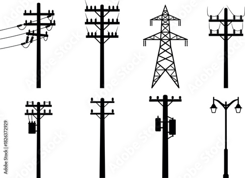 Utility pole and transmission tower silhouettes with transformers and streetlight, electrical infrastructure diversity, flavector series