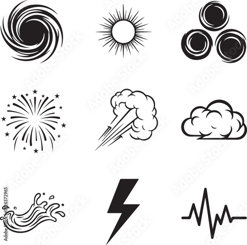 Comprehensive black silhouette icon set depicting various forms of natural phenomena energy and severe weather conditions vector graphic
