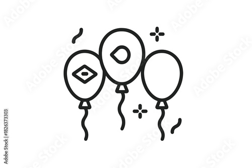 Three festive party balloons floating with decorative elements and streamers