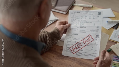Over the shoulder shot of older man sitting at table reviewing household bill stamped with red past due while organizing personal finances in home setting