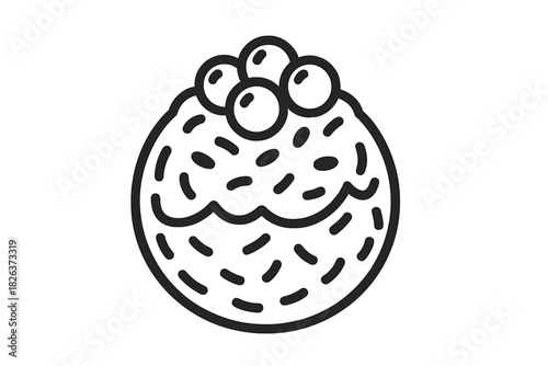 Round baked good with icing, colorful sprinkles, and three small fruit toppings