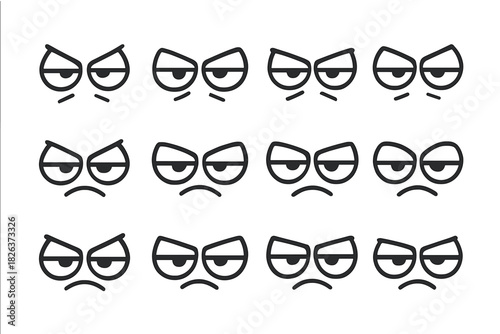Angry, grumpy, and skeptical cartoon facial expressions showing negative emotions