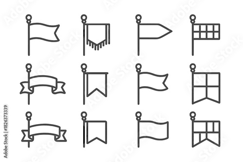 Collection of outline icons representing various flag, banner, and pennant shapes displayed on poles