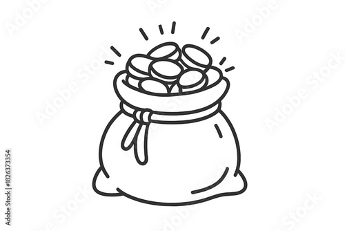 Simple black and white money bag filled with glowing coins symbolizing fortune and wealth