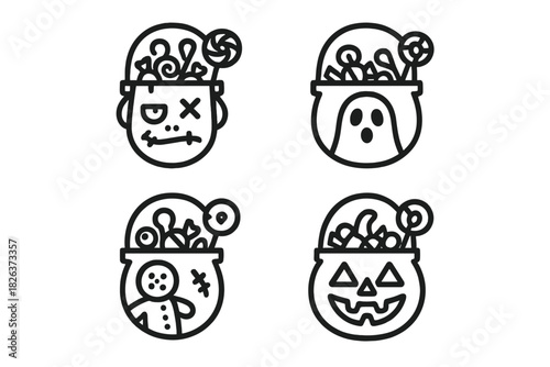 Spooky Halloween treat containers filled with candy and featuring scary faces