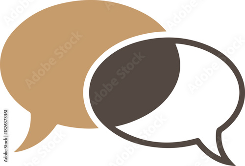 Modern brown and beige speech bubbles overlap showing communication dialogue conversation in minimalist vector graphic icon