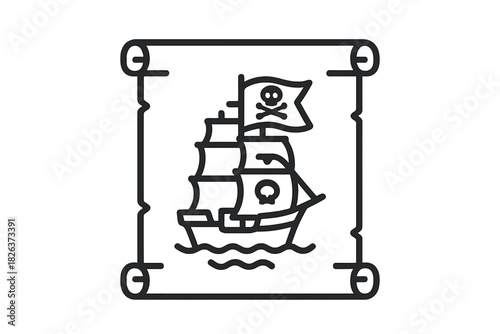 Black and white drawing of a pirate ship sailing on ocean waves framed by an ancient scroll