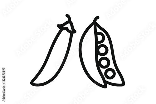 Simple black design depicting fresh green peas in an open and closed pod