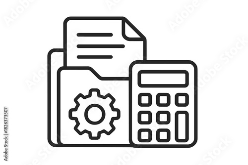 Financial calculation and data configuration with folder, document, gear, and calculator