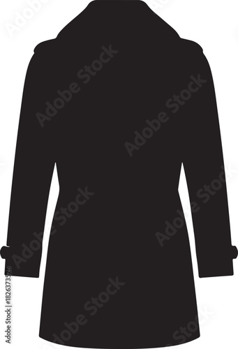 Simple black silhouette vector illustration of a long trench coat or winter overcoat viewed from the rear perspective