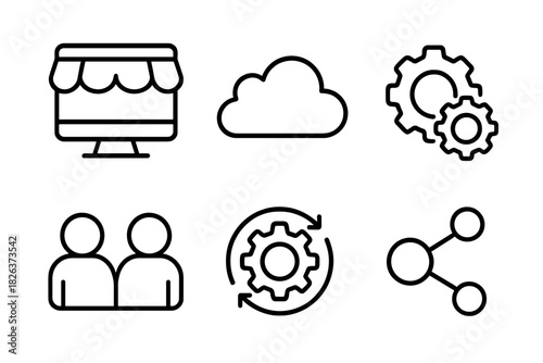Essential business and technology symbols covering e-commerce, cloud storage, settings, and sharing concepts