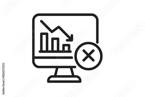 Computer monitor displaying declining financial chart with error mark and negative trend