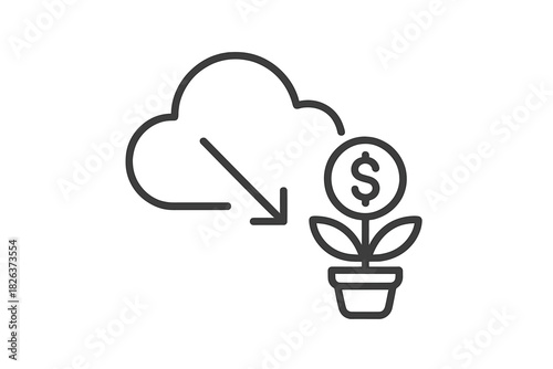 Digital investment growth concept showing cloud computing resources funding a dollar sign plant