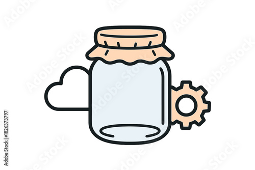 Data storage, cloud computing, and system configuration concept with jar, cloud, and gear icons