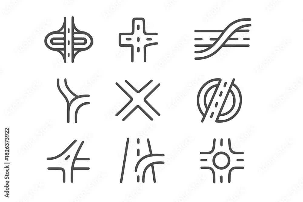 Fototapeta premium Outline symbols representing various road junctions, highway interchanges, and traffic roundabouts