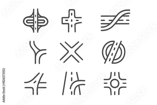 Outline symbols representing various road junctions, highway interchanges, and traffic roundabouts