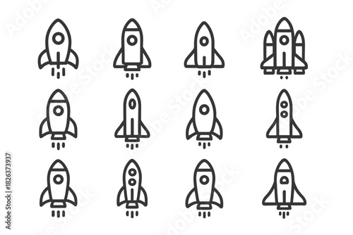 Twelve different rockets and spaceships symbolizing launch, innovation, and cosmic exploration