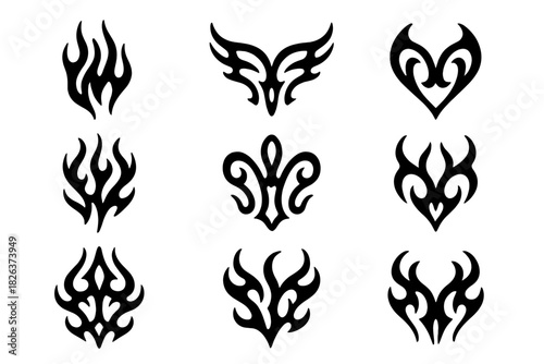 Set of nine abstract tribal tattoo designs featuring stylized flames and hearts