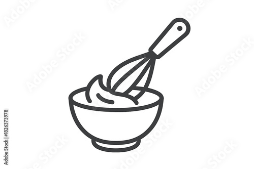 Simple outline icon of a kitchen whisk blending ingredients in a mixing bowl