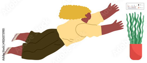Woman with curly hair reaching out mid-air toward potted green plant. Ideal for growth, effort, balance, goals, aspiration, nature, motivation. A playful simple flat metaphor