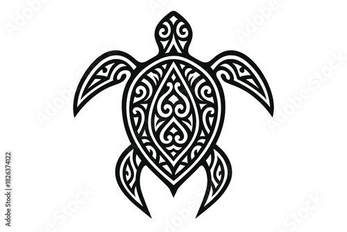 Stylized sea turtle with intricate tribal patterns on shell and flippers