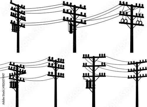 Utility pole silhouettes with transformers and insulators, diverse electrical infrastructure configurations, flavector engineering series