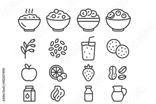 Minimalist outline icons featuring common breakfast foods, cereals, fruits, and beverages