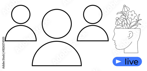 Outline of three people with mental growth symbolized by flowers in a head, live streaming concept. Ideal for teamwork, education, creativity, growth, mental health, innovation collaboration. A