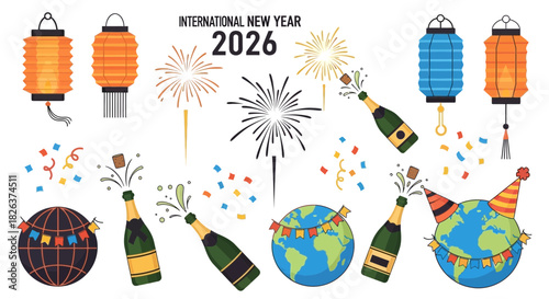 Celebrate International New Year 2026 with Festive Lanterns, Popping Champagne, Colorful Confetti, and Earth Globes Ready for Global Festivities