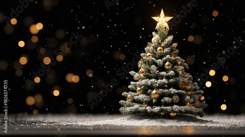 A festive scene of a Christmas tree adorned with gold ornaments and a star on top, set against a black backdrop with bokeh lights and snow falling.
