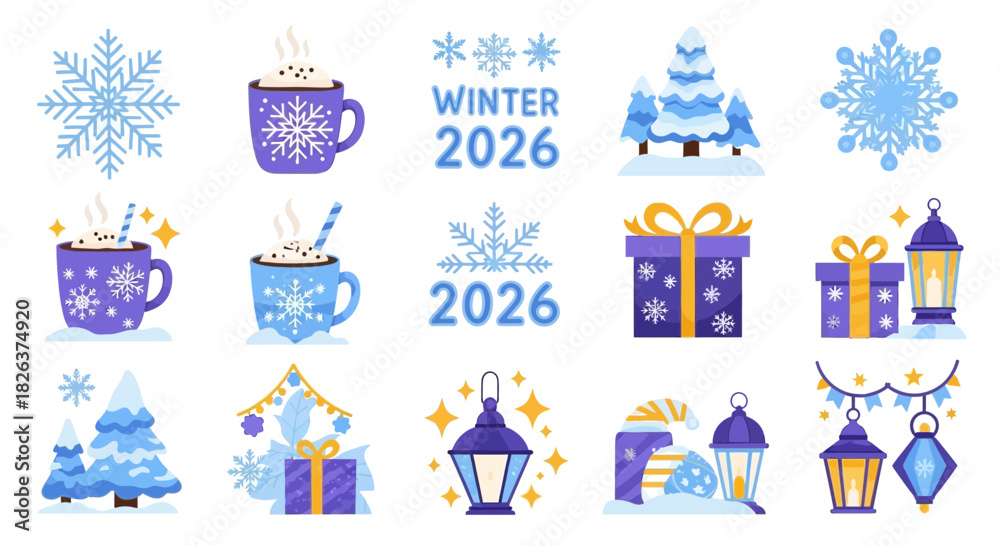 Fototapeta premium Delightful winter holiday elements and festive 2026 designs for seasonal cheer, featuring snowflakes, cocoa, gifts, and lanterns to celebrate the magical season