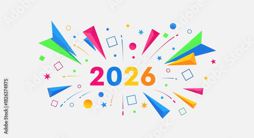 Celebrate the New Year 2026 with vibrant geometric shapes exploding in joyful colors, a modern festive design perfect for invitations and greeting cards
