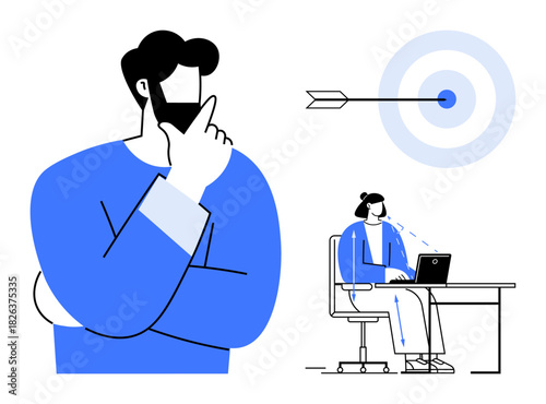 Focus concept. Focus demonstrated by a person thinking critically and another working on a task, emphasizing productivity and clear goals. Focus valuable for workplace efficiency, planning