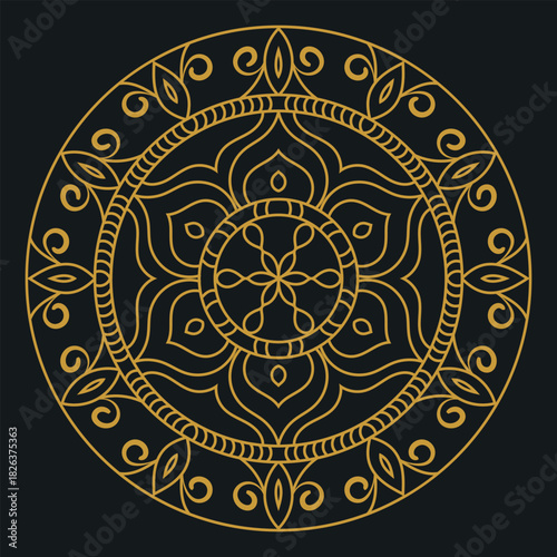 An intricate golden mandala with symmetrical floral and geometric patterns on a dark background.
