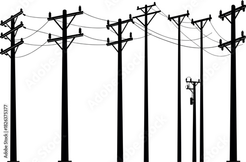 Utility pole silhouettes, power lines, electrical grid, transformer setup, rural infrastructure, voltage system, energy network, flavector