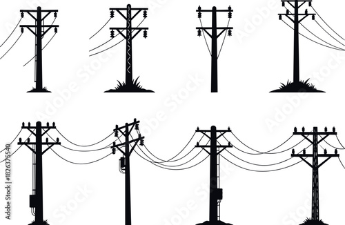Utility pole silhouettes, power line variations, electrical infrastructure, transformer setup, voltage grid, rural energy, flavector