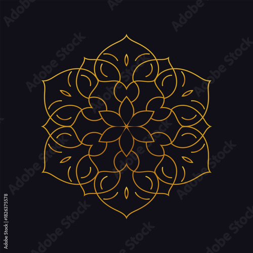 Elegant golden mandala design on dark background, symmetrical and intricate.