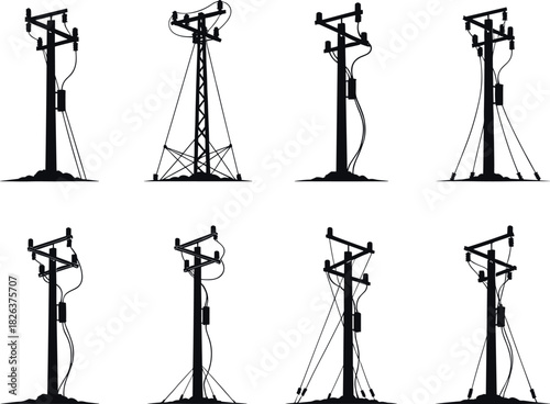Utility pole silhouettes, structural diversity, wire and insulator configurations, electrical infrastructure, rural grid system, flavector