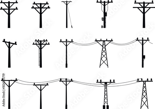 Utility pole silhouettes, structural diversity, transformer and wire configurations, electrical infrastructure, rural grid system, flavector