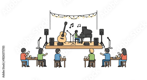 Cozy Live Music Venue with Guitar and Piano Performance, Stick Figures Enjoying the Show with Drinks, Perfect for Entertainment or Relaxing Evening Concepts