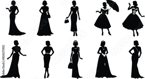 Elegant collection of female silhouettes in diverse dresses and poses, perfect for fashion and design projects, isolated on