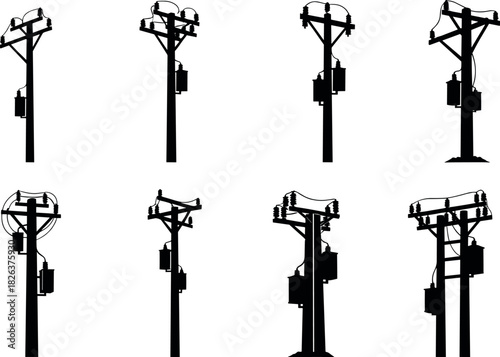 Utility pole silhouettes, transformer configurations, electrical infrastructure, power line diversity, rural energy grid, flavectorUtility