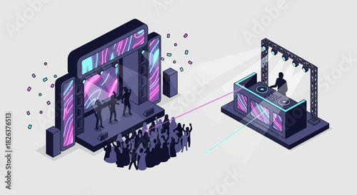 Isometric concert stage with DJ performing for crowd, vibrant lights and celebration, perfect for music event promotion and entertainment marketing materials