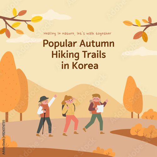 Hikers trekking through autumn foliage